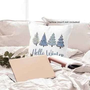 MONALET Blue Winter Christmas Trees Throw Pillow Covers 18x18, Hello Winter Home Decor Pillow Cases for Bedroom Living Room, Winter Christmas Decorative Square Pillowcases for Couch Bed Sofa
