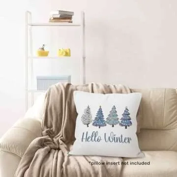 MONALET Blue Winter Christmas Trees Throw Pillow Covers 18x18, Hello Winter Home Decor Pillow Cases for Bedroom Living Room, Winter Christmas Decorative Square Pillowcases for Couch Bed Sofa
