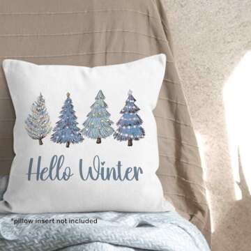 MONALET Blue Winter Christmas Trees Throw Pillow Covers 18x18, Hello Winter Home Decor Pillow Cases for Bedroom Living Room, Winter Christmas Decorative Square Pillowcases for Couch Bed Sofa