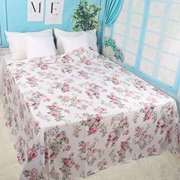 Queen Floral Flat Bed Sheets, 100% Cotton Ultra-Soft Bedding, Breathable, Easy to Wash
