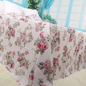 Queen Floral Flat Bed Sheets, 100% Cotton Ultra-Soft Bedding, Breathable, Easy to Wash