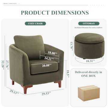 COLAMY Velvet Accent Chair with Storage Ottoman Set, Upholstered Barrel Arm Chair with Footrest, Modern Living Room Chair with Back Pillow, Olive