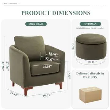 COLAMY Velvet Accent Chair with Storage Ottoman Set, Upholstered Barrel Arm Chair with Footrest, Modern Living Room Chair with Back Pillow, Olive