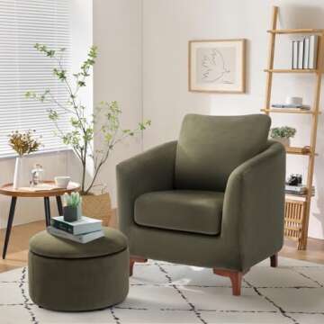COLAMY Velvet Accent Chair with Storage Ottoman Set, Upholstered Barrel Arm Chair with Footrest, Modern Living Room Chair with Back Pillow, Olive
