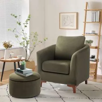 COLAMY Velvet Accent Chair with Storage Ottoman Set, Upholstered Barrel Arm Chair with Footrest, Modern Living Room Chair with Back Pillow, Olive