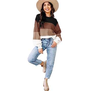 Womens Sweaters Fall 2025 Fashion Long Sleeve Color Block Oversized Sweater Trendy Casual Crew Neck ...