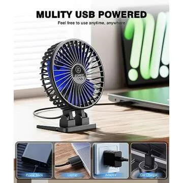 JZCreater USB Desk Fan, Mini Fan Portable, 3 Speeds Desktop Table Cooling Fan, Plug in Power Fan, Rotation Strong Wind, Quiet Personal Small Fan for Home Desktop Office Travel Bedroom, Black Blue