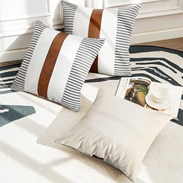 JASEN Set of 2 Farmhouse Stripe Patchwork Linen Throw Pillow Covers, Brown Faux Leather Modern Decorative Pillow Covers for Sofa Bedroom Living Room 18x18 inch (Grey, 18"x18")