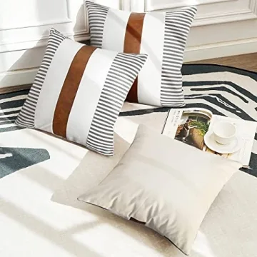 JASEN Set of 2 Farmhouse Stripe Patchwork Linen Throw Pillow Covers, Brown Faux Leather Modern Decorative Pillow Covers for Sofa Bedroom Living Room 18x18 inch (Grey, 18"x18")