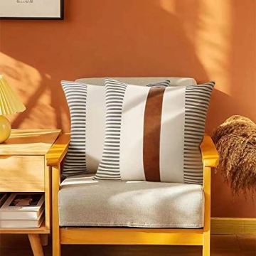 JASEN Set of 2 Farmhouse Stripe Patchwork Linen Throw Pillow Covers, Brown Faux Leather Modern Decorative Pillow Covers for Sofa Bedroom Living Room 18x18 inch (Grey, 18"x18")