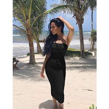 BEAGIMEG Women's Sexy Ruched Strapless Bodycon Tube Maxi Long Club Dress