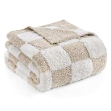 Snuggle Sac Checkered Throw Blanket Faux Fur Microfiber Blankets for Couch,Cozy Soft Warm Blanket for Sofa Bedroom Living Room,Beige Checker,50x60 inches