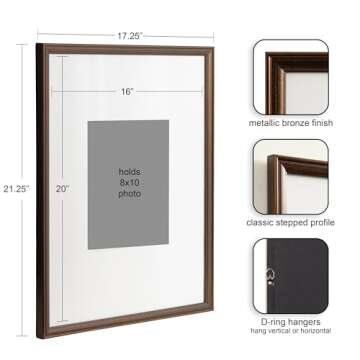 Kate and Laurel Adlynn Rectangle Picture Frame Set of 3, 16 x 20 matted to 8 x 10, Bronze, Vintage T...
