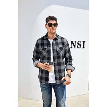 Alex Vando Mens Button Down Shirts Regular Fit Long Sleeve Casual Plaid Flannel Shirt.Grey/Black,L