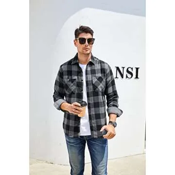Alex Vando Mens Button Down Shirts Regular Fit Long Sleeve Casual Plaid Flannel Shirt.Grey/Black,L