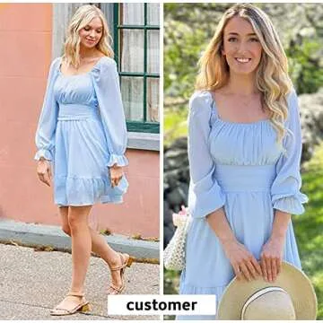 EXLURA Women Tie Back Long Lantern Sleeve Square Neck Ruffle Dress Elastic Waist Aline Casual Mini Dress Blue