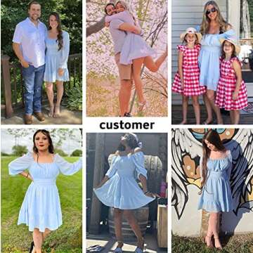 EXLURA Women Tie Back Long Lantern Sleeve Square Neck Ruffle Dress Elastic Waist Aline Casual Mini Dress Blue