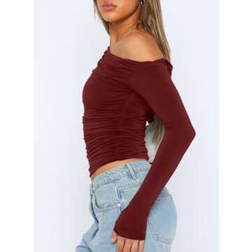 Darong Women's Casual Boat Neck Off Shoulder Long Sleeve Slim Fit Crop Top Going Out Shirts Y2K Tight T Shirts 9026 Wine Red M