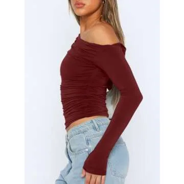 Darong Women's Casual Boat Neck Crop Top Wine Red