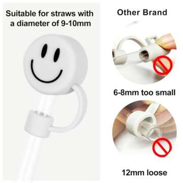 Whaline 4Pcs Smile Face Straw Covers Silicone Reusable Straw Topper Double Sided Pattern Straw Tip Covers 10mm 0.4 Inch for 30 & 40 OZ Tumbler with Handle（Pink,Purple,Mint Green,Cream Color）
