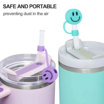 Whaline 4Pcs Smile Face Straw Covers Silicone Reusable Straw Topper Double Sided Pattern Straw Tip Covers 10mm 0.4 Inch for 30 & 40 OZ Tumbler with Handle（Pink,Purple,Mint Green,Cream Color）
