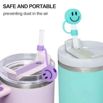 Whaline 4Pcs Smile Face Straw Covers Silicone Reusable Straw Topper Double Sided Pattern Straw Tip Covers 10mm 0.4 Inch for 30 & 40 OZ Tumbler with Handle（Pink,Purple,Mint Green,Cream Color）