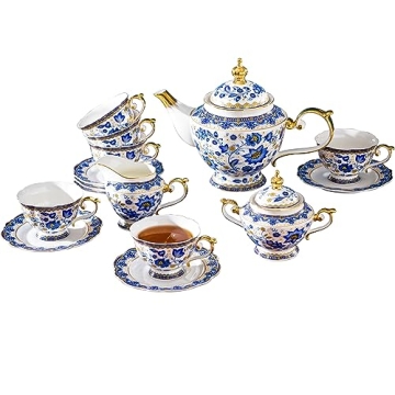 ACMLIFE Bone China Tea Set for 6, Blue and White Tea Set for Adults, Vintage Floral Tea Sets for Wom...