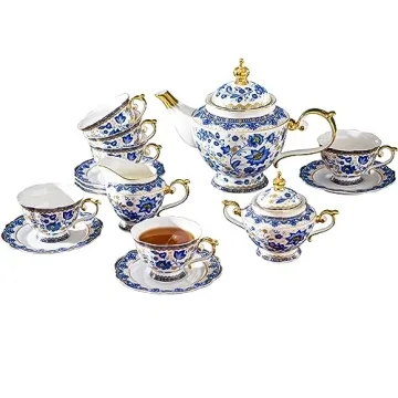 ACMLIFE Bone China Tea Set for 6, Vintage Floral Blue and White Tea Sets
