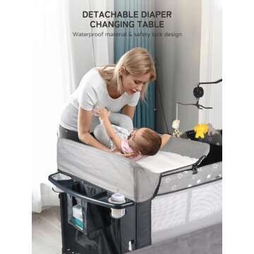 BIUSIKAN Bedside Bassinet for Baby, Baby Crib with Mosquito Net, Mattress, Diaper Changer, Baby Playpen for Newborn to Toddles, Portable Crib for Baby, Pack and Play with Bassinet, 5 in 1 Bedside Crib