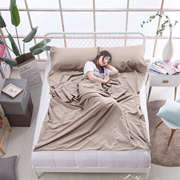 MongByYa Sleeping Bag Liner Lightweight Compact Sleeping Bag Sack Portable Clean Travel Sheet Camping Sleep Sheet for Backpacking Hotel Hiking (Light Khaki, 82.7” X 70.9”)