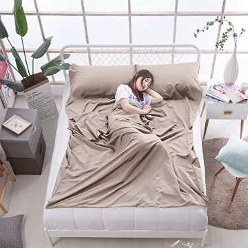 MongByYa Sleeping Bag Liner Lightweight Compact Sleeping Bag Sack Portable Clean Travel Sheet Camping Sleep Sheet for Backpacking Hotel Hiking (Light Khaki, 82.7” X 70.9”)