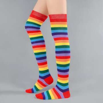 Women's Thigh High Stockings Striped Cosplay Over the Knee Tube Socks Long Boot Leg Warmers for Daily Wear 1 Pack Red Rainbow