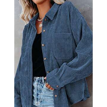 Astylish Womens V Neck Roll Up Long Sleeve Pocket Corduroy Shirts Casual Boyfriend Button Down Petite Blouses Sky Blue XL
