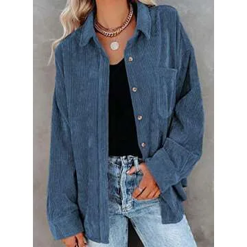 Astylish Womens V Neck Roll Up Long Sleeve Pocket Corduroy Shirts Casual Boyfriend Button Down Petite Blouses Sky Blue XL