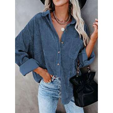 Astylish Womens V Neck Roll Up Long Sleeve Pocket Corduroy Shirts Casual Boyfriend Button Down Petite Blouses Sky Blue XL