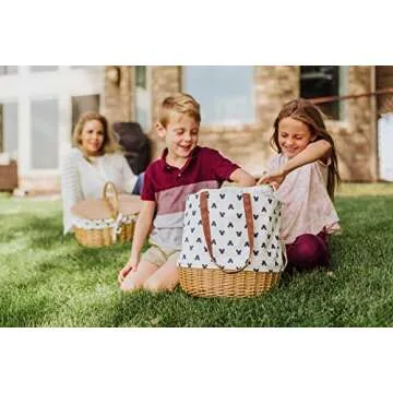 PICNIC TIME - Disney Classic Mickey Silhouette Coronado Canvas and Willow Basket Tote - Picnic Basket Tote Bag - Beach Tote, (Cream with Navy Blue Pattern)