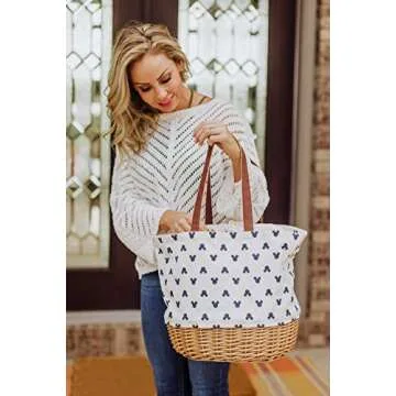 PICNIC TIME - Disney Classic Mickey Silhouette Coronado Canvas and Willow Basket Tote - Picnic Basket Tote Bag - Beach Tote, (Cream with Navy Blue Pattern)
