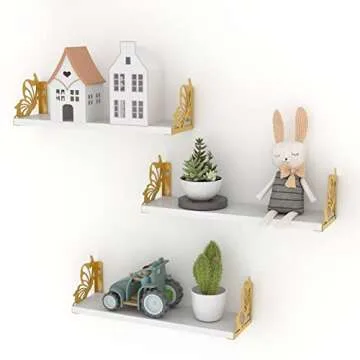 Hoikwo 3 Pack Butterfly Wall Shelves, White Gold Floating Book Shelves, for Mother, Mom, Women, Girl...