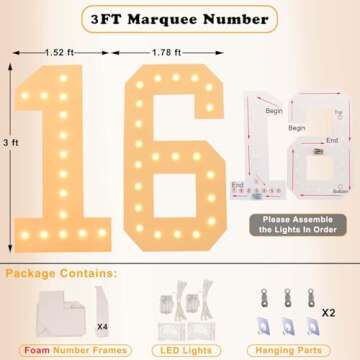 LOBOOM 3FT Light Up Numbers, White Giant Marquee Number Mosaic Number for 16th Birthday Backdrop Anniversary Decorations Large Numbers for Party Wedding Decor, Pre-Cut Foam Frame Number 16