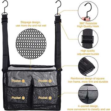 GGMOVE Hanging Mesh Shower Caddy College with Hooks, Bath Baskets Organizer Storage with 4 Pockets for College Dorm Rooms, Gym, Swimming and Travel (Black)