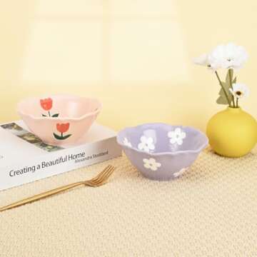 Koythin Ceramic Cute Bowl, Creative Soup Bowls, Flower Bowl for Kitchen Cereal Oatmeal Salad, Aesthetics Home Decor (Purple Floret)