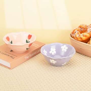 Koythin Ceramic Cute Bowl, Creative Soup Bowls, Flower Bowl for Kitchen Cereal Oatmeal Salad, Aesthetics Home Decor (Purple Floret)