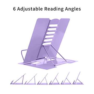 MSDADA Book Stand Metal Reading Rest Book Holder Adjustable Cookbook Documents Holder Portable Sturdy Bookstands for Recipes Textbooks with Page Clips Birthday Gifts for Girls Mom Students(Purple)