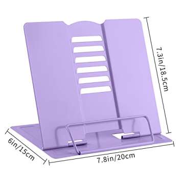 MSDADA Book Stand Metal Reading Rest Book Holder Adjustable Cookbook Documents Holder Portable Sturdy Bookstands for Recipes Textbooks with Page Clips Birthday Gifts for Girls Mom Students(Purple)