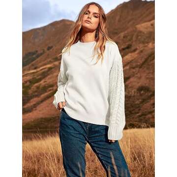 ANRABESS Women's Crewneck Cable Knit Long Sleeve Oversized Cozy Casual Chunky 2024 Fall Pullover Sweater Tops Trendy Outfits Cream White Medium