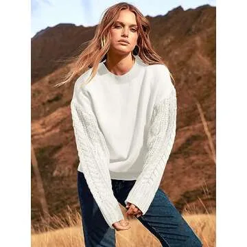 ANRABESS Women's Crewneck Cable Knit Long Sleeve Oversized Cozy Casual Chunky 2024 Fall Pullover Sweater Tops Trendy Outfits Cream White Medium