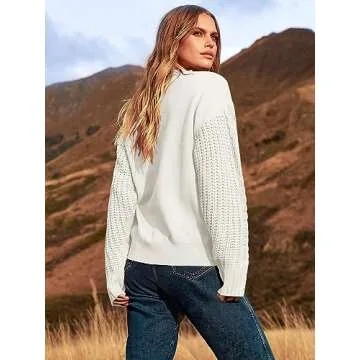 ANRABESS Women's Crewneck Cable Knit Long Sleeve Oversized Cozy Casual Chunky 2024 Fall Pullover Sweater Tops Trendy Outfits Cream White Medium
