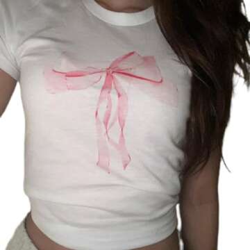 Graphic Crop Tops Womens Teen Girls Y2k Short Sleeve Bow Print Baby Tee Aesthetic 2000s 90s Shirt Eg...