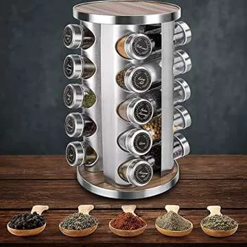 CAM2 Rotating Spice Rack with Free Spice Jar Resend for 5 Years, Spice rack organizer for countertop, Seasoning organizer stainless steel, For Kitchen Cabinet Organizer(Wood)