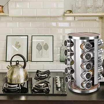 CAM2 Rotating Spice Rack with Free Spice Jar Resend for 5 Years, Spice rack organizer for countertop, Seasoning organizer stainless steel, For Kitchen Cabinet Organizer(Wood)